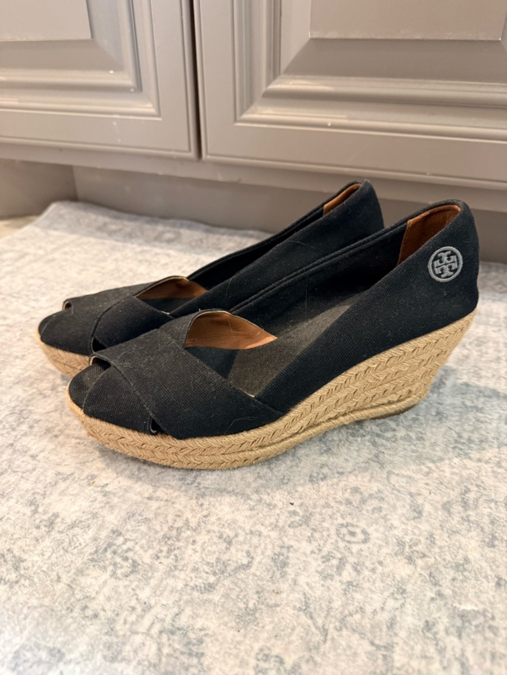 Tory Burch Black Canvas Peep-Toe Espadrille Wedge with Jute Platform